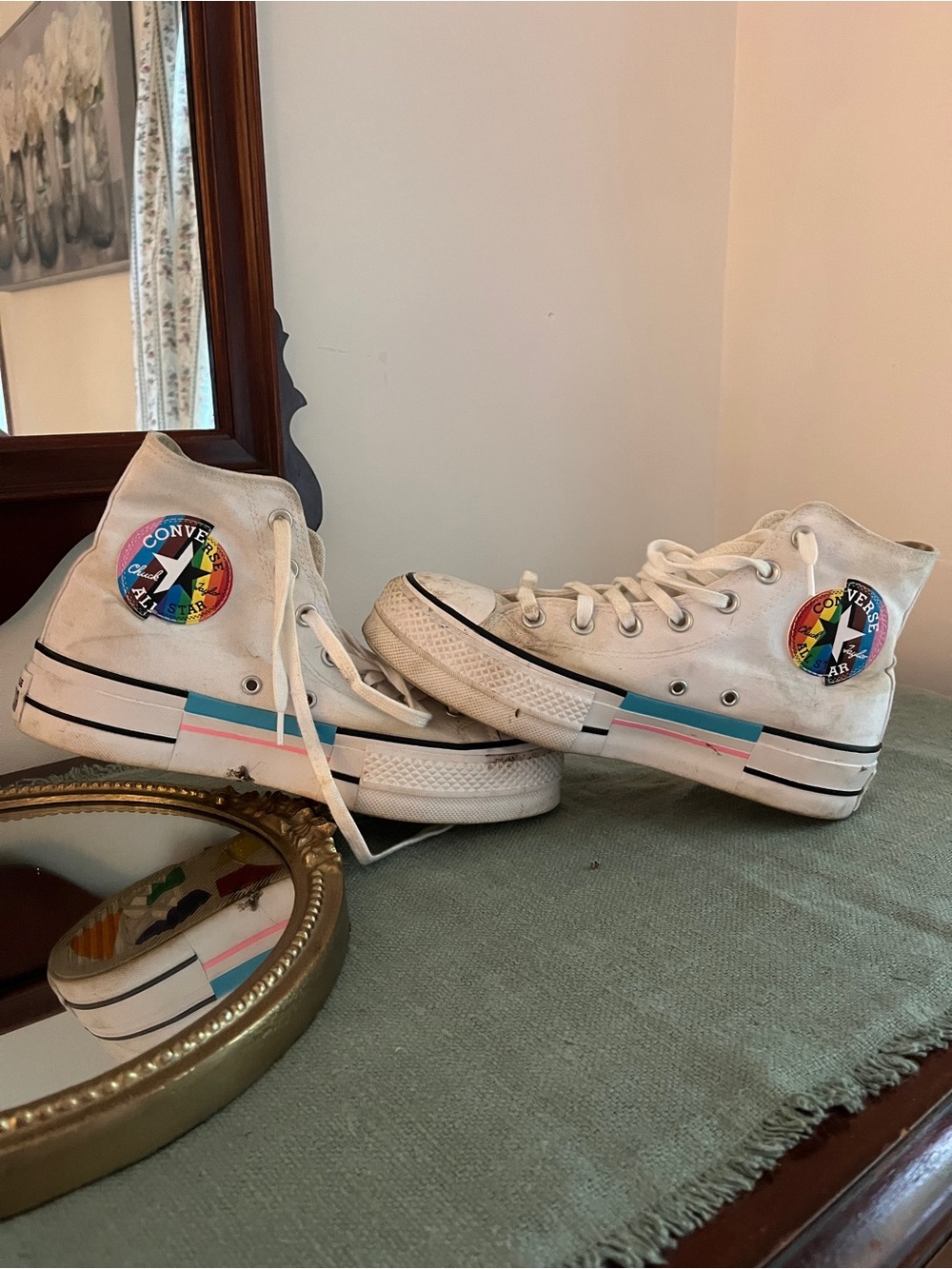 Converse White High Top Sneakers with Rainbow Star Patch